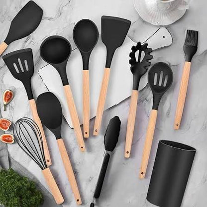 Silicone Kitchen Utensil Set with Wooden Handles